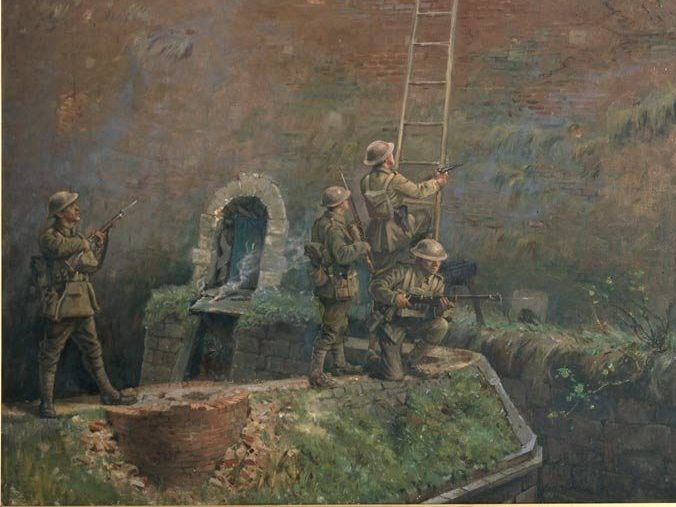 Tableau de George Edmund Butler représentant les soldats Néo-Zélandais participant à la libération du Quesnoy en 1918
