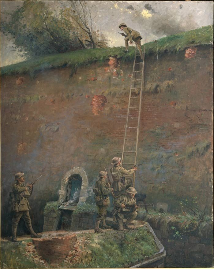 Tableau de George Edmund Butler représentant les soldats Néo-Zélandais participant à la libération du Quesnoy en 1918